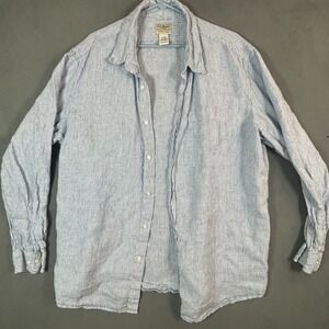 LL Bean Shirt Mens 2XL Blue Striped Slightly Fitted 100% Linen Long Sleeve
